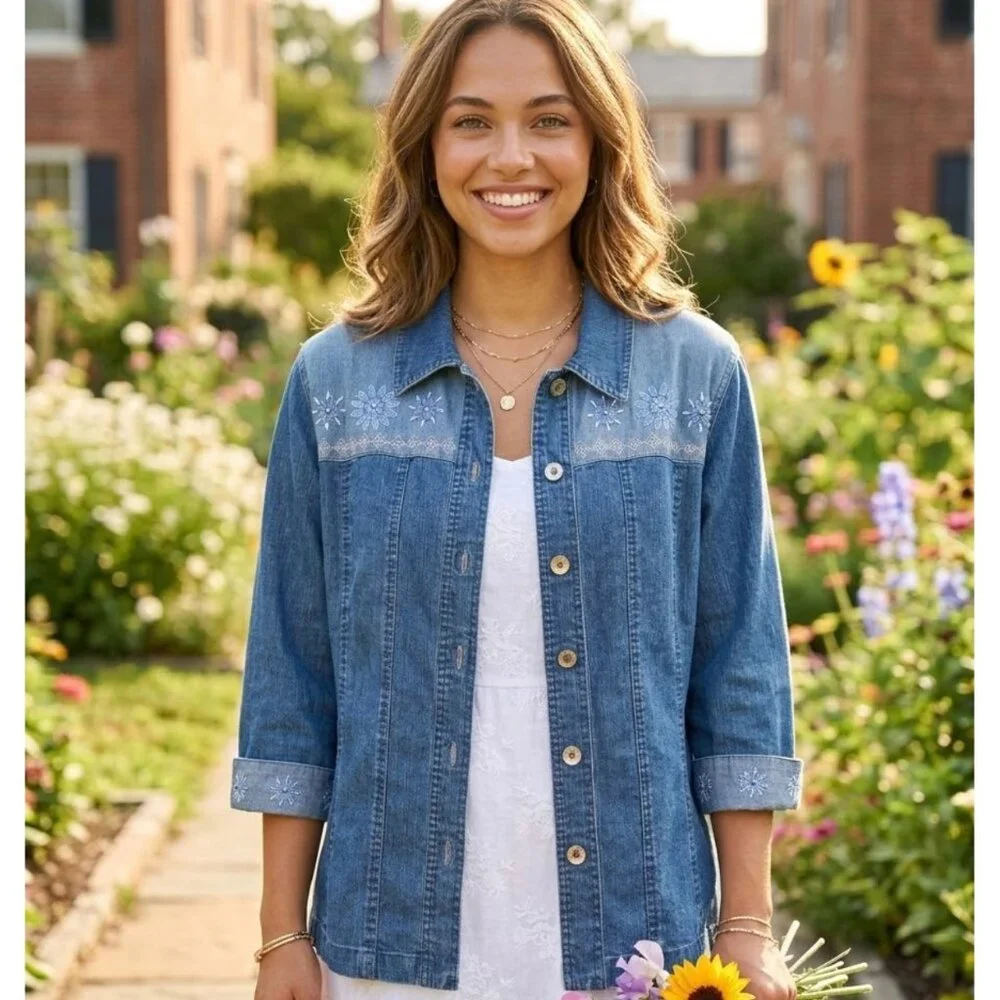 Alfred Dunner Denim Shirt Embroidered details Country Style Size 14 - Picture 1 of 12